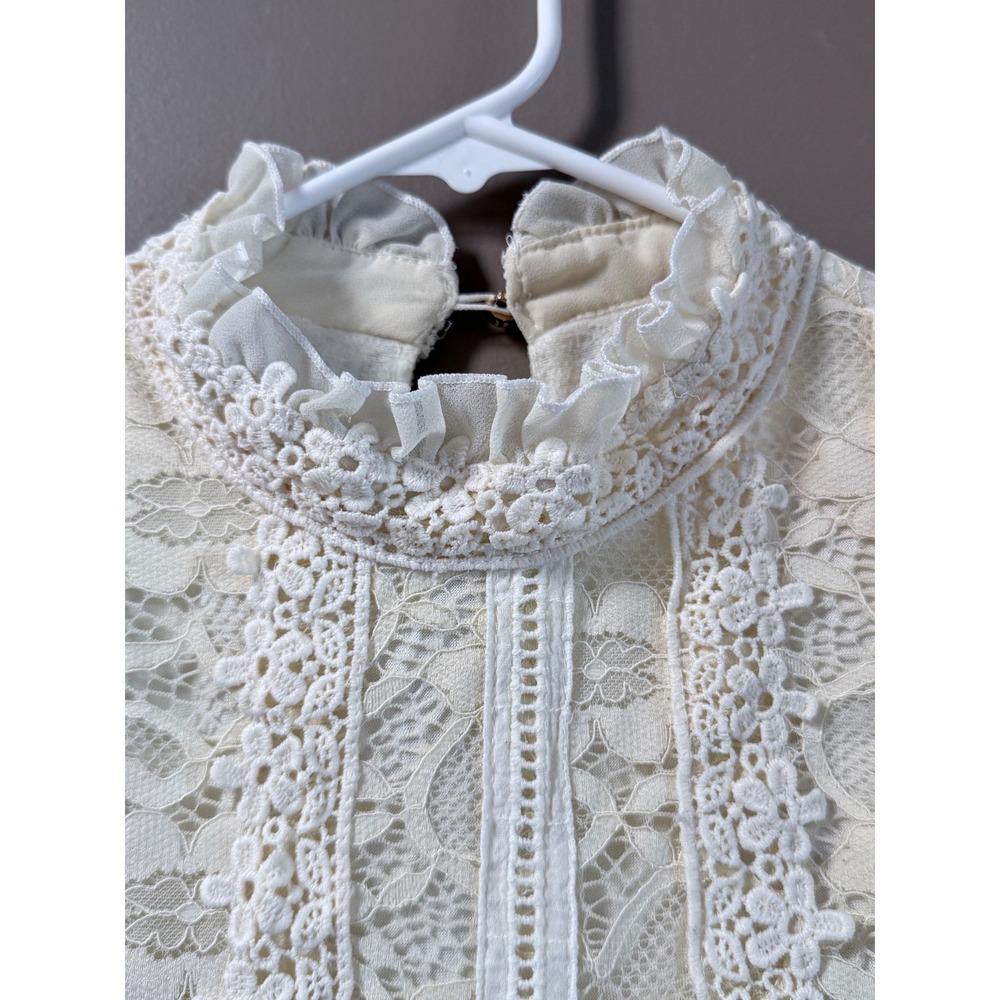 Japanese Fleece Lined Lace Blouse Cream Ruffle Neck Mori Kei Coquette S - Picture 3 of 6